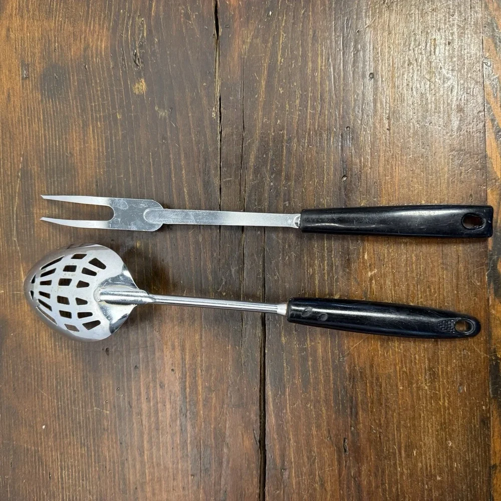VNTG Ekco Flint Utensils Black Riveted Handles Stainless Steel Spoon Fork USA‎